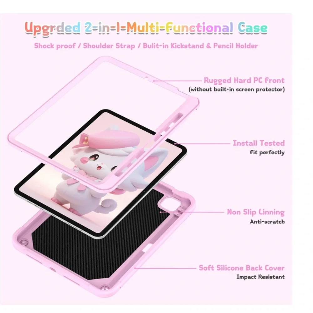 NEW iPad Pro 11 M4 2024 Kitty Cat Case Pink Shoulder Strap
